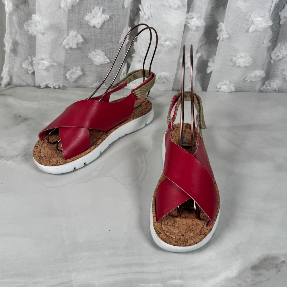 Camper Red Leather Criss Cross Sandals Slingback Cork Footbed Comfort Resort 40